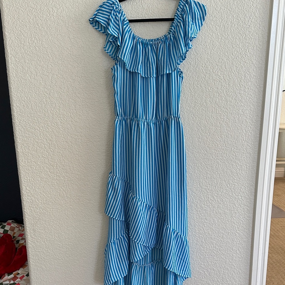 Tommy Bahama Blue and White Striped Off-Shoulder Maxi Dress